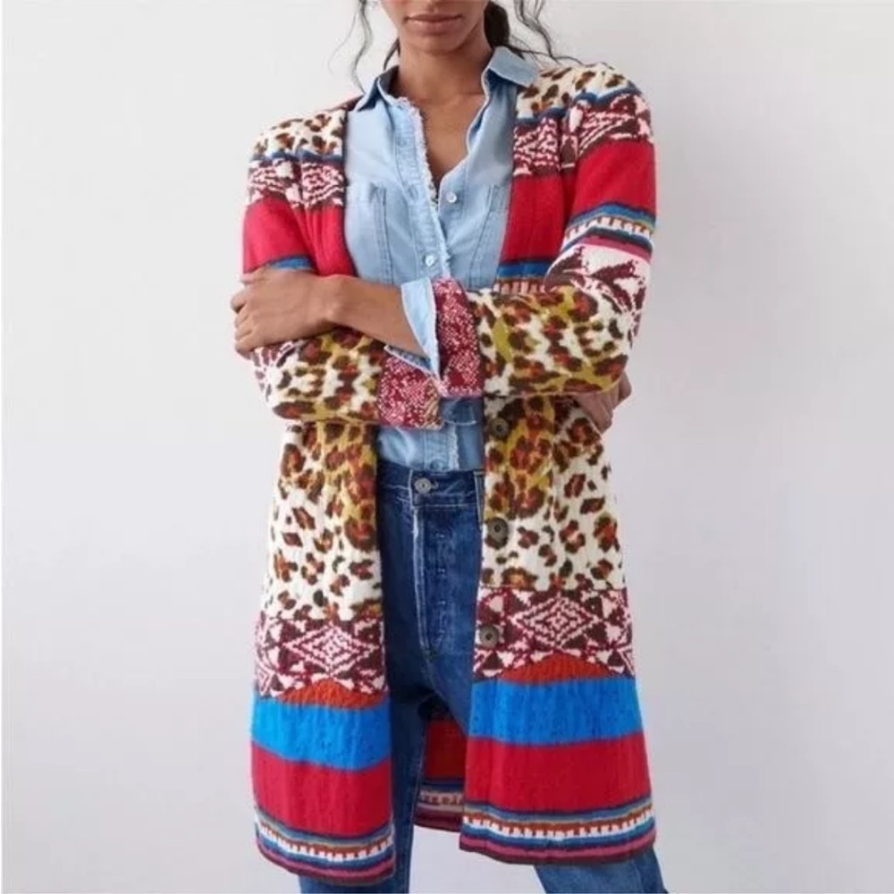 Anthropologie Red and Blue Patterned Cardigan Aldomartins